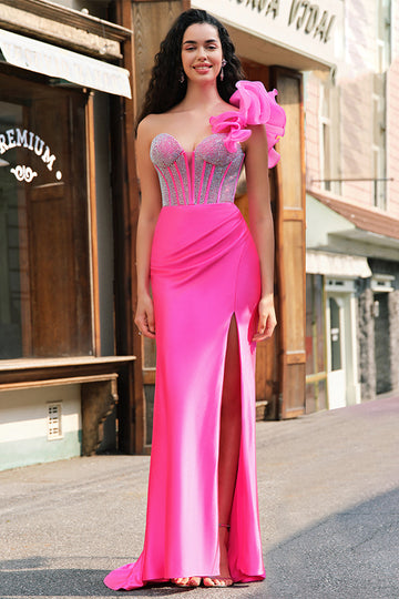 Mermaid Fuchsia One Shoulder Removable Ruffles Long Formal Dress with Slit